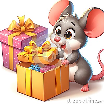 Cute little mouse opening a box with a gift, idea of â€‹â€‹joy of the holidays, Christmas cartoon illustration Cartoon Illustration